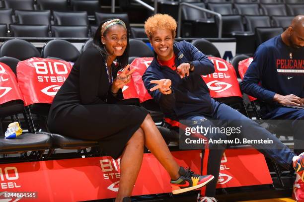 Legend Swin Cash and Assistant Coach Teresa Weatherspoon of the New Orleans Pelicans pose for a photo before the game against the Los Angeles Lakers...