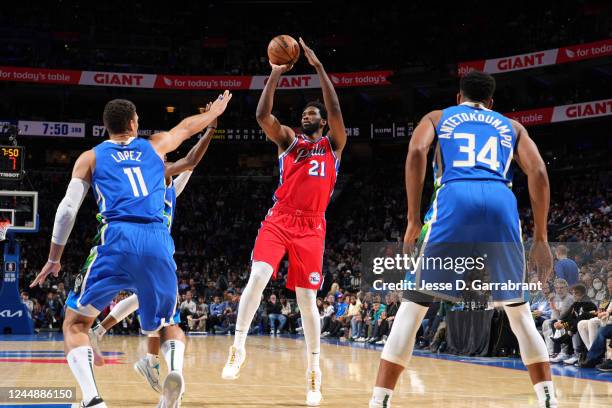 Joel Embiid of the Philadelphia 76ers shoots the ball during the game against the Milwaukee Bucks on November 18, 2022 at the Wells Fargo Center in...