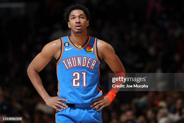 Aaron Wiggins of the Oklahoma City Thunder looks on during the game against the Memphis Grizzlies on November 18, 2022 at FedExForum in Memphis,...