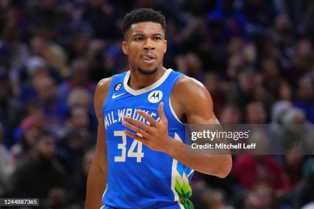 Giannis Antetokounmpo of the Milwaukee Bucks reacts after committing a foul against the Philadelphia 76ers in the third quarter at the Wells Fargo...