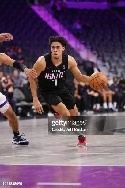 Mojave King of the G League Ignite dribbles the ball during the game against the Salt Lake City Stars on November 18, 2022 at The Dollar Loan Center...