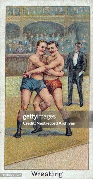 Collectible tobacco card from 1925 series titled Sports Records distributed with packs of Turf Cigarettes, featuring two wrestlers in a match with an...