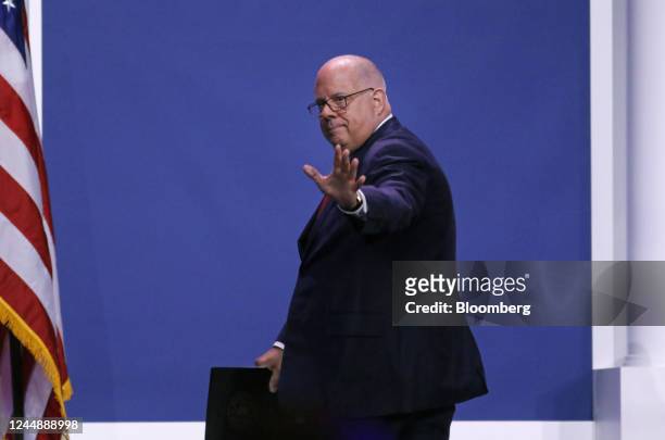 Larry Hogan, governor of Maryland, leaves after speaking at the Republican Jewish Coalition Annual Leadership Meeting in Las Vegas, Nevada, US, on...