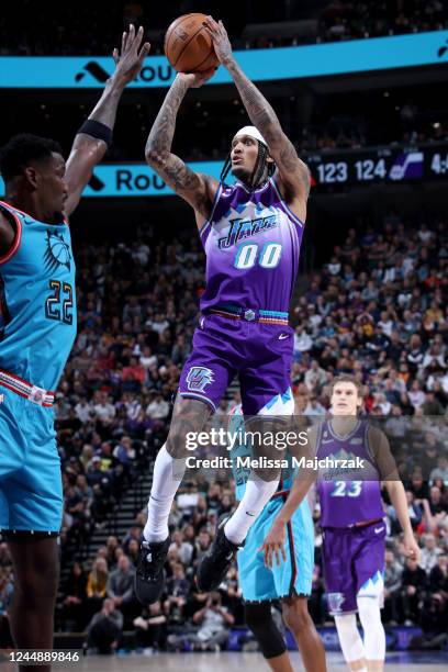 Jordan Clarkson of the Utah Jazz drives to the basket against the Phoenix Suns on November 18, 2022 at vivint.SmartHome Arena in Salt Lake City,...