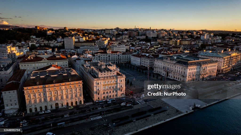 Drone View Of Unity of Italy Square In Trieste, The Europe's Largest Square Located Next To The Sea