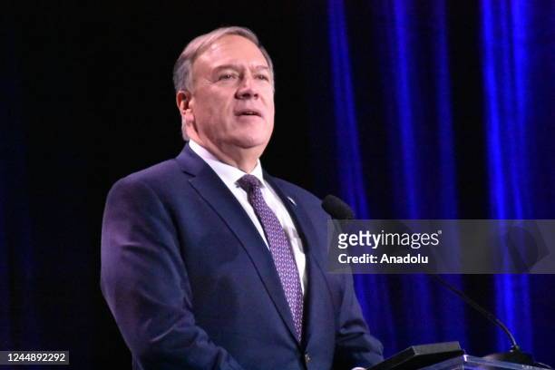 Former U.S. Secretary of State Mike Pompeo delivers remarks during the Republican Jewish Coalition Annual Meeting in Las Vegas, Nevada, United States...
