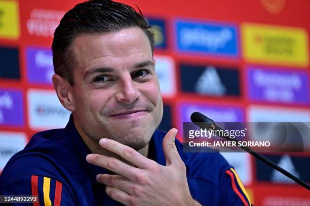 Spain's defender Cesar Azpilicueta attends press conference at the Qatar University training site in Doha on November 19 ahead of the Qatar 2022...