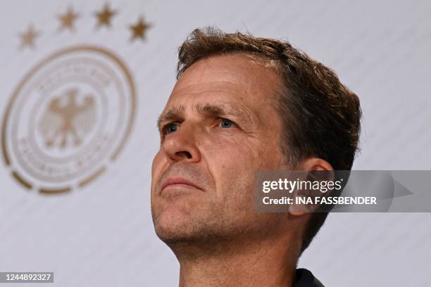 Germany's manager Oliver Bierhoff attends a press conference at Al Shamal Stadium in Al Shamal, north of Doha, on November 19 ahead of the Qatar 2022...