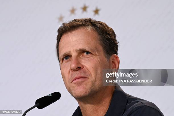 Germany's manager Oliver Bierhoff attends a press conference at Al Shamal Stadium in Al Shamal, north of Doha, on November 19 ahead of the Qatar 2022...