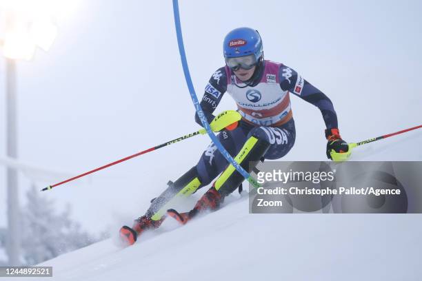 Mikaela Shiffrin of Team United States in action during the Audi FIS Alpine Ski World Cup Women's Slalom on November 19, 2022 in Levi, Finland.