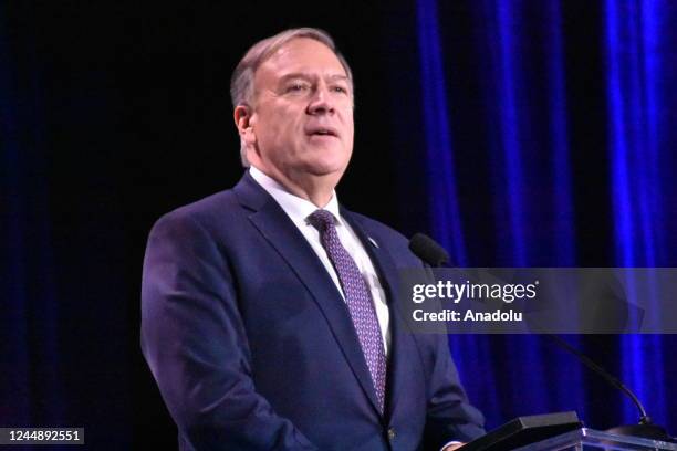 Former U.S. Secretary of State Mike Pompeo delivers remarks during the Republican Jewish Coalition Annual Meeting in Las Vegas, Nevada, United States...