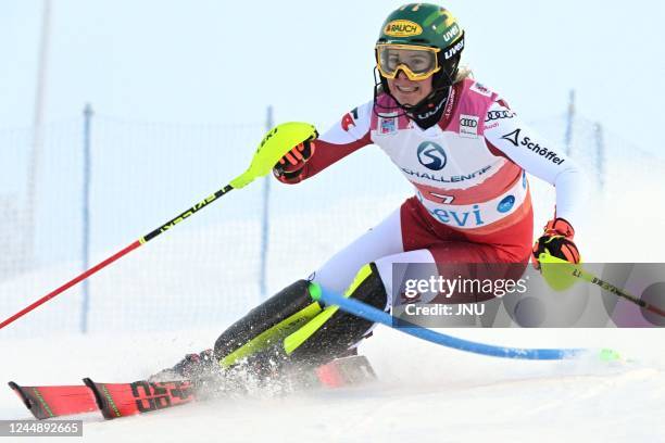 Katharina Liensberger of Austria competes during the first run of the women's slalom event in the Alpine Skiing World Cup on the Levi black race...