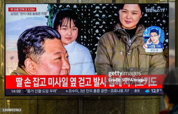 Screen shows North Korea's KCNA released a picture of North Korean leader Kim Jong Un , his wife Ri Sol Ju , and his daughter Kim Chu-ae during a...