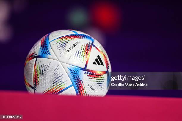 The Adidas Al Rihla Official match ball is seen on November 19, 2022 in Doha, Qatar.