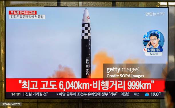 Screen shows North Korea's KCNA releasing a picture of North Korea's missile launch during a news program at the Yongsan Railway Station in Seoul,...