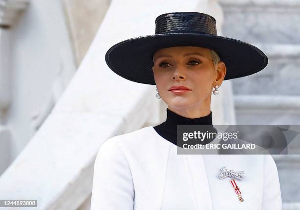 Princess Charlene of Monaco attends celebrations as part of ceremonies marking the National Day at the Palace in Monaco on November 19, 2022. -...