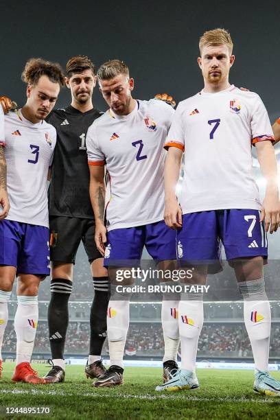 Belgium's Arthur Theate, Belgium's goalkeeper Thibaut Courtois, Belgium's Toby Alderweireld and Belgium's Kevin De Bruyne pictured at the start of a...