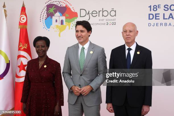 Tunisian President Kais Saied and Louise Mushikiwabo , Secretary General of the International Organization of the Francophonie welcome Canadian Prime...