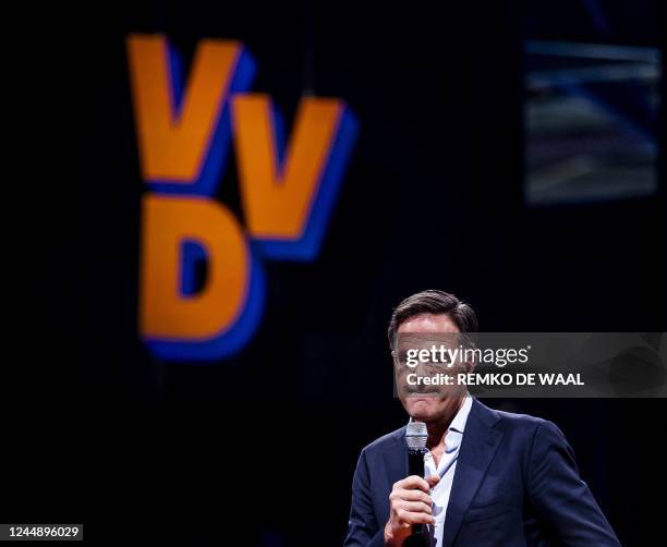 Dutch Prime Minister Mark Rutte gives a speech during the autumn congress of the VVD with the party's logo in the background in Rotterdam on November...