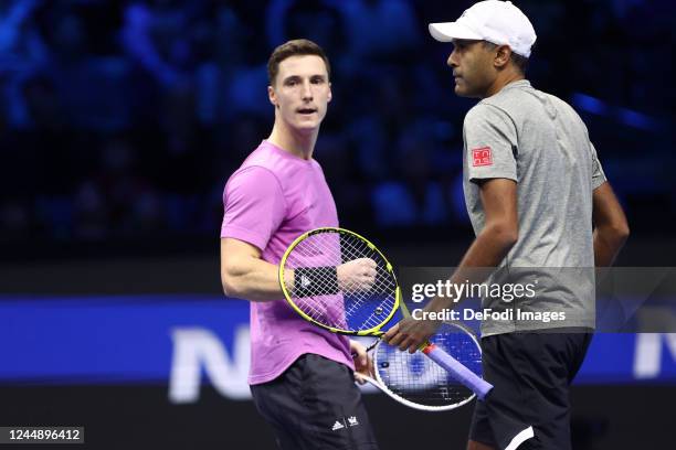 Rajeev Ram of USA and Joe Salisbury of Great Britain celebrates after scoring his team's first goal at the match between Wesley Koolhof of...