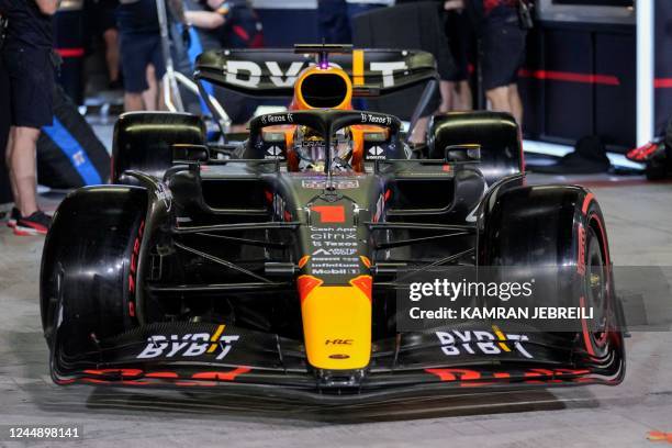 Red Bull's Dutch driver Max Verstappen exits the pits during the qualifying session on the eve of the Abu Dhabi Formula One Grand Prix at the Yas...