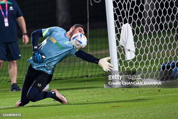 Australia's goalkeeper Mathew Ryan takes part in a training session at the Aspire Academy in Doha on November 19 ahead of the Qatar 2022 World Cup...