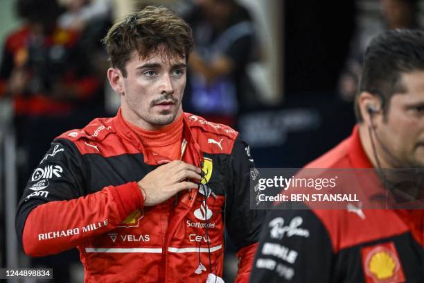 Ferrari's Monegasque driver Charles Leclerc is pictured in the pits after the qualifying session on the eve of the Abu Dhabi Formula One Grand Prix...