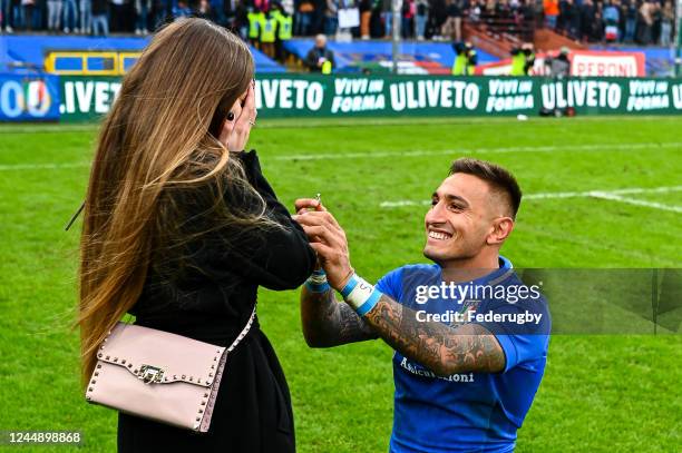 Pierre Bruno of Italy asks for his girlfriends hand after the Autumn International match between Italy and South Africa at Stadio Luigi Ferraris on...