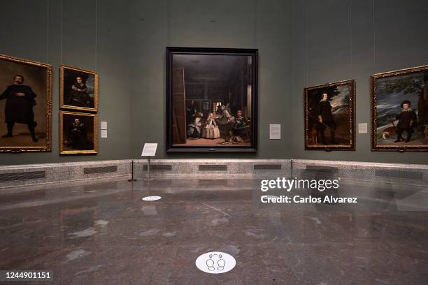 General view of Velazquez's 'Las Meninas' painting at the El Prado Museum during a press preview before its reopening to the public, during the...