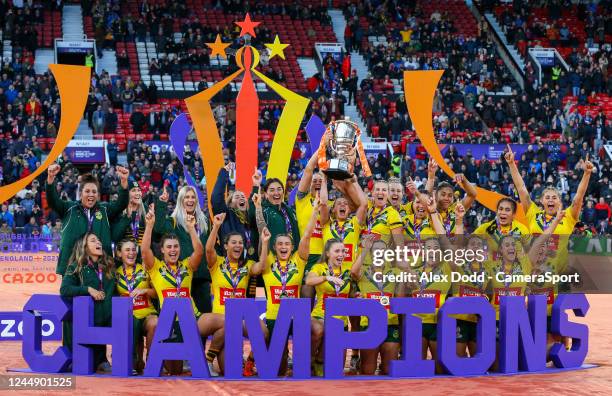 The Australian team lift the trophy after Women's Rugby League World Cup Final match between Australia and New Zealand at Old Trafford on November...