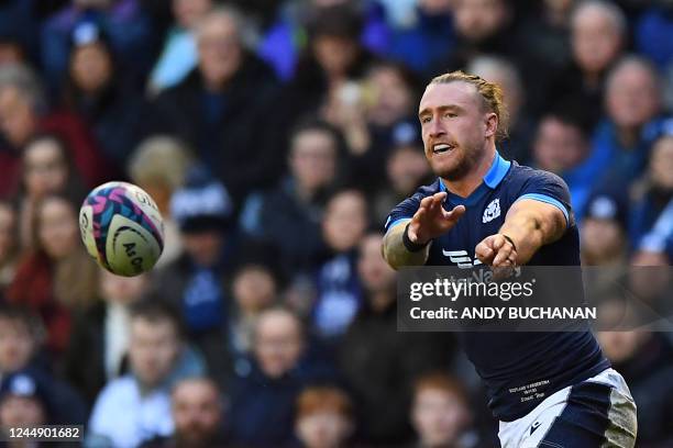 Scotland's full-back Stuart Hogg passes the ball during the Autumn Nations Series International rugby union match between Scotland and Argentina at...