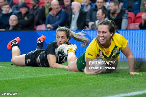 Australia's Evania Pelite dives for the line and scores a try during the 2021 Women's Rugby League World Cup Final between Australia and New Zealand...