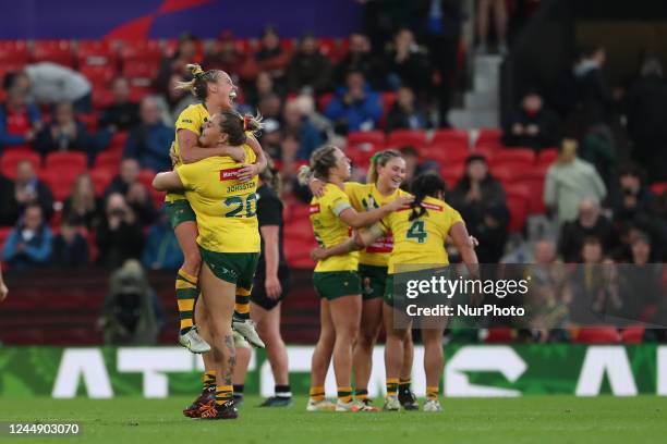 Australia celebrate after winning the 2021 Women's Rugby League World Cup Final between Australia Women and New Zealand Women at Old Trafford,...