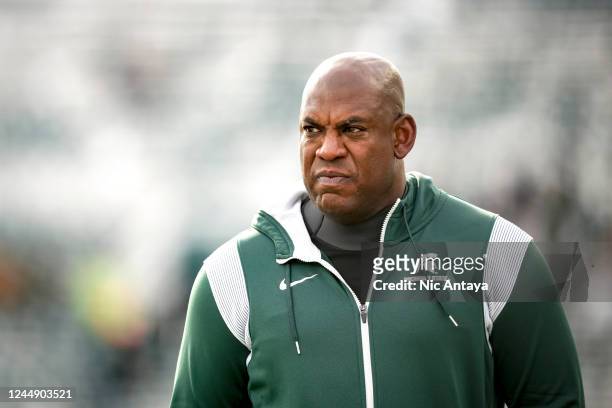 Head coach Mel Tucker of the Michigan State Spartans looks on before the game against the Indiana Hoosiers at Spartan Stadium on November 19, 2022 in...