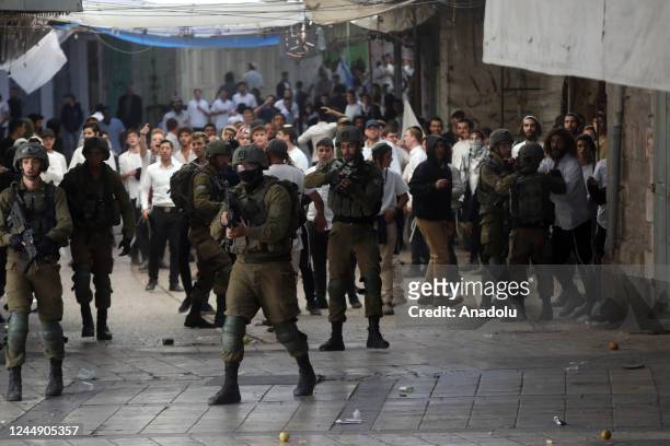 Israeli forces intervene in Palestinians as Jewish settlers celebrate Sare Day in Hebron, West Bank on November 19, 2022. It's reported the settlers...