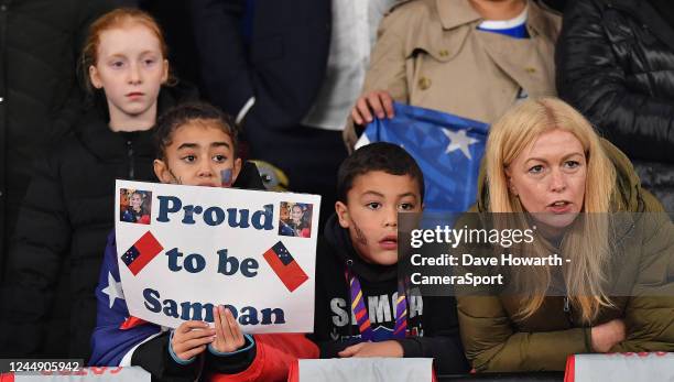 Fan with a sign after the Rugby League World Cup Final match between Australia and Samoa at Old Trafford on November 19, 2022 in Manchester, England.