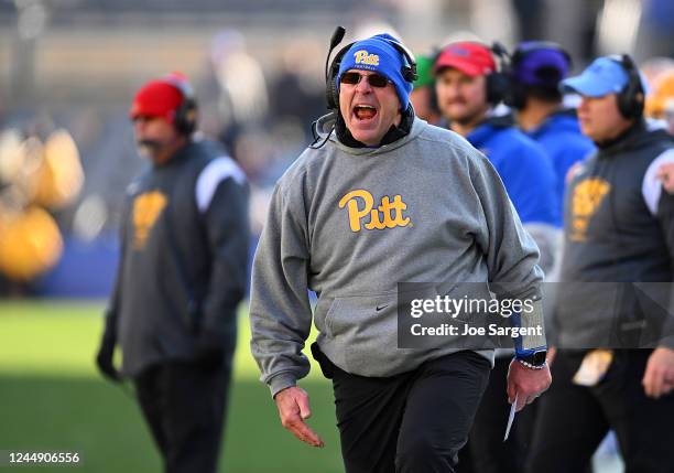 Head coach Pat Narzuzzi of the Pittsburgh Panthers argues a call during the second quarter against the Duke Blue Devils at Acrisure Stadium on...