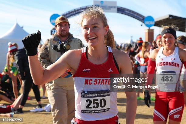 Katelyn Tuohy of the NC State Wolfpack celebrates her first place finish during the Division I Womens Cross Country Championship on November 19, 2022...