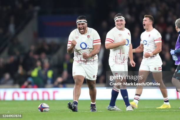 Mako Vunipola celebrates as England fight back to draw 25-25 during the Autumn International match between England and New Zealand at Twickenham...