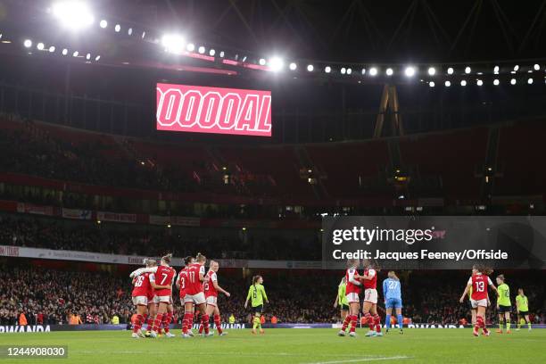 The Arsenal squad celebrate their second goal during the FA Women's Super League match between Arsenal and Manchester United at Emirates Stadium on...