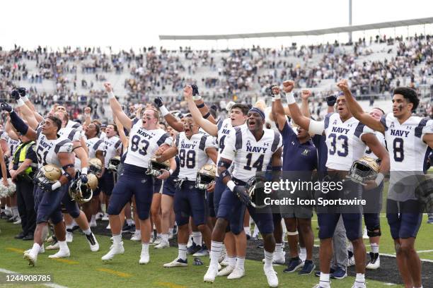 The Navy Midshipmen celebrates after their victory following the game between the Navy Midshipmen and the UCF Knights on Saturday, November 19, 2022...