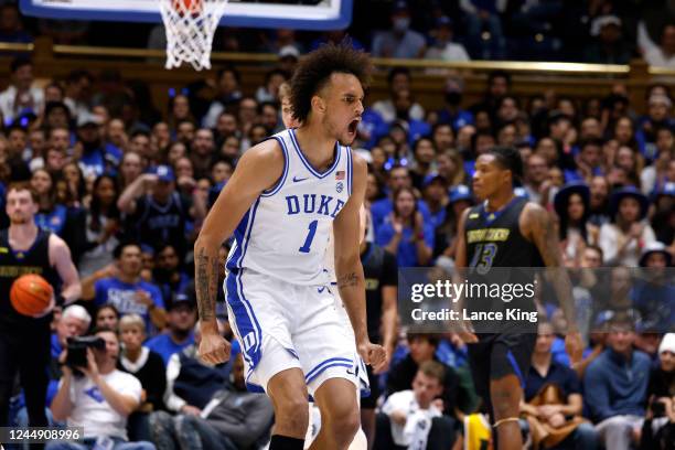 Dereck Lively II of the Duke Blue Devils reacts during their game against the Delaware Blue Hens at Cameron Indoor Stadium on November 18, 2022 in...