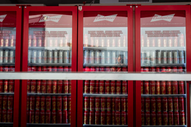 Tournament sponsor Budweiser beer being sold in the FIFA Fan Festival - Corniche, Doha ahead of the FIFA World Cup Qatar 2022 on November 19, 2022 in...
