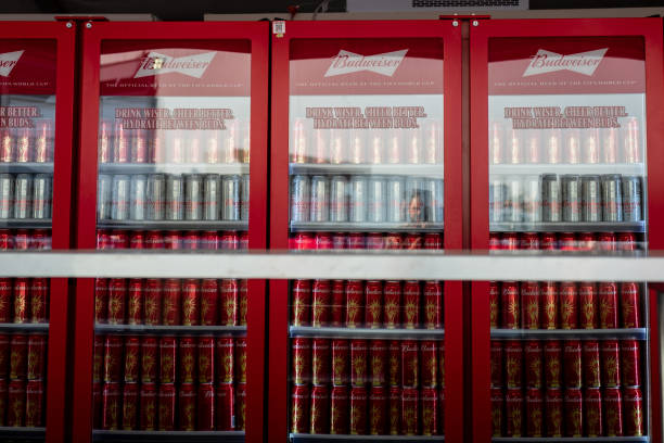 Tournament sponsor Budweiser brew being sold successful the FIFA Fan Festival - Corniche, Doha up of the FIFA World Cup Qatar 2022 connected November 19, 2022 in...