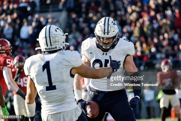 Jackson Hawes of the Yale Bulldogs celebrates his touchdown reception with Mason Tipton in the fourth quarter of a 19-14 win over the Harvard Crimson...