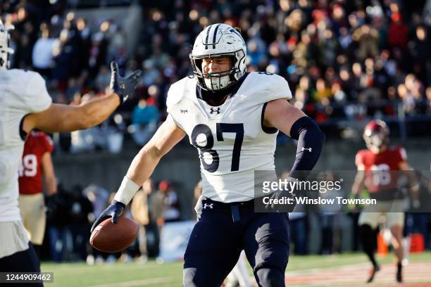 Jackson Hawes of the Yale Bulldogs celebrates his touchdown reception in the fourth quarter in a 19-14 win over the Harvard Crimson at Harvard...