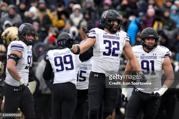 Northwestern Wildcats linebacker Bryce Gallagher reacts after making a tackle during the college football game between the Northwestern Wildcats and...