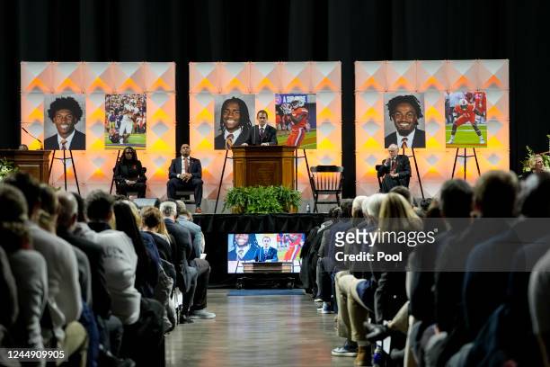 University of Virginia President Jim Ryan speaks during a memorial service for three slain University of Virginia football players Lavel Davis Jr.,...