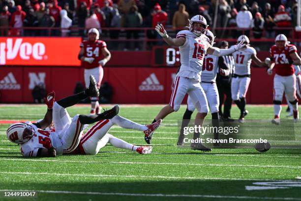 Safety John Torchio of the Wisconsin Badgers celebrates as the final pass falls incomplete against the Nebraska Cornhuskers during the fourth quarter...