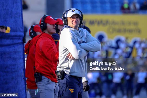 West Virginia Mountaineers head coach Neal Brown on the sideline during the second quarter of the college football game between the Kansas State...